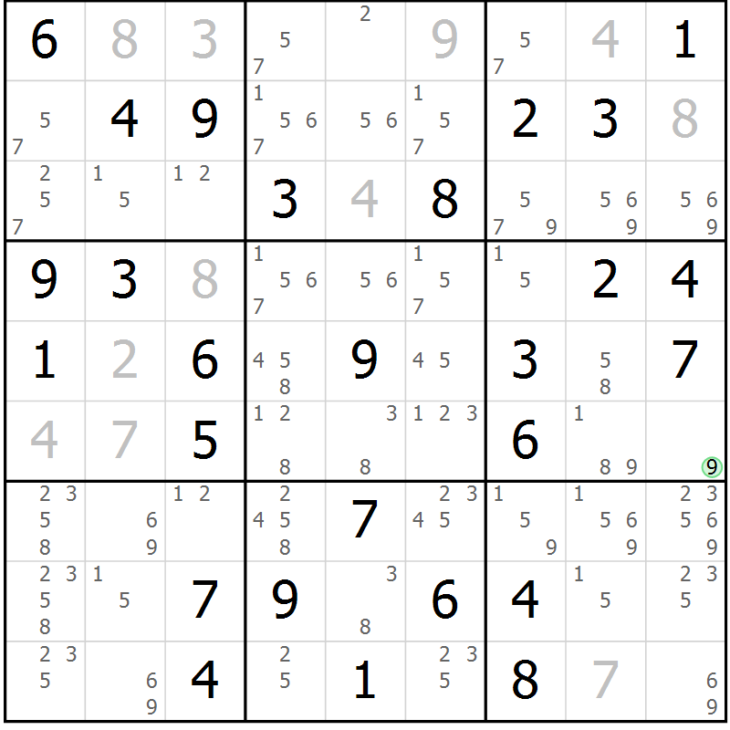 Position des candidats pour la solution de la Gr 10 page 13 du magazine de sudoku Giga sudoku niv 6-8 n° 024
