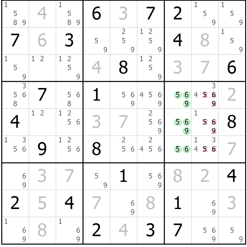 Position des candidats pour la solution de la Gr 100 page 103 du magazine de sudoku Giga sudoku niv 6-8 n° 024