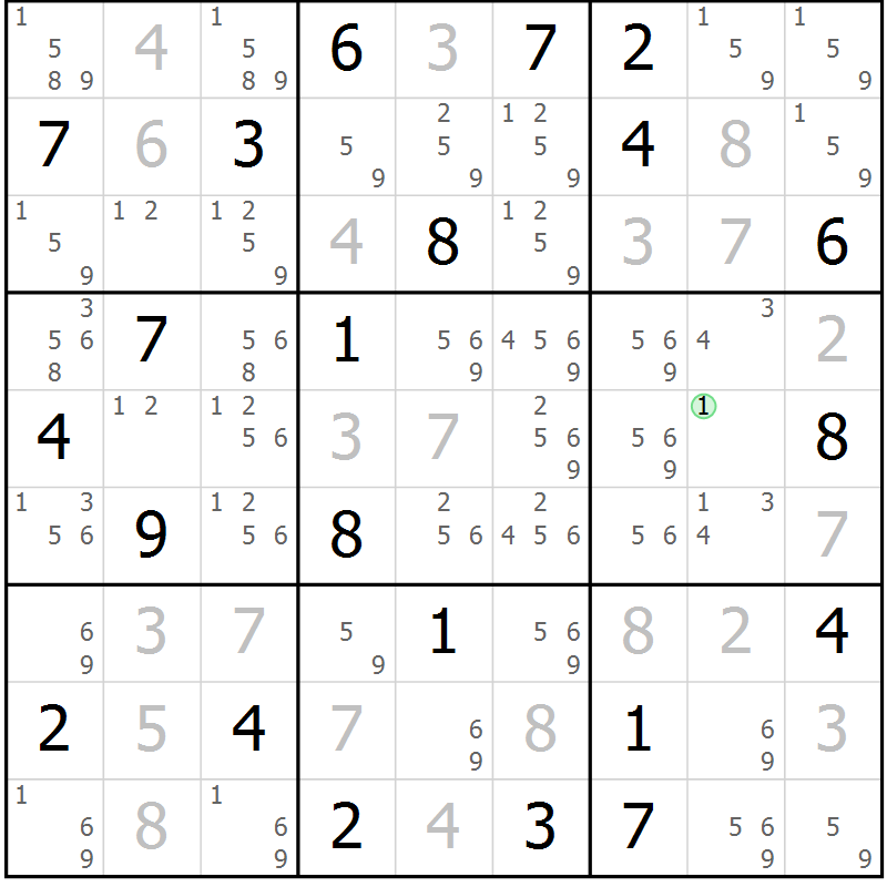 Position des candidats pour la solution de la Gr 100 page 103 du magazine de sudoku Giga sudoku niv 6-8 n° 024