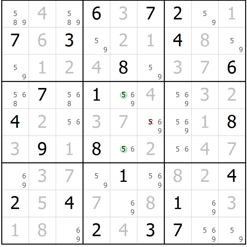 Position des candidats pour la solution de la Gr 100 page 103 du magazine de sudoku Giga sudoku niv 6-8 n° 024