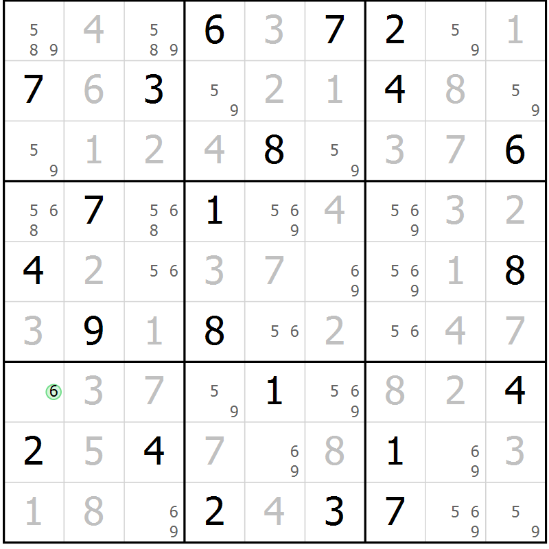 Position des candidats pour la solution de la Gr 100 page 103 du magazine de sudoku Giga sudoku niv 6-8 n° 024