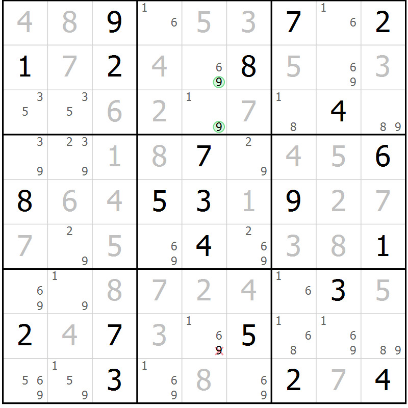 Position des candidats pour la solution de la Gr 101 page 104 du magazine de sudoku Giga sudoku niv 6-8 n° 024