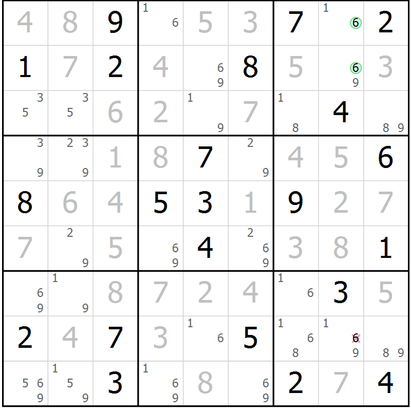 Position des candidats pour la solution de la Gr 101 page 104 du magazine de sudoku Giga sudoku niv 6-8 n° 024