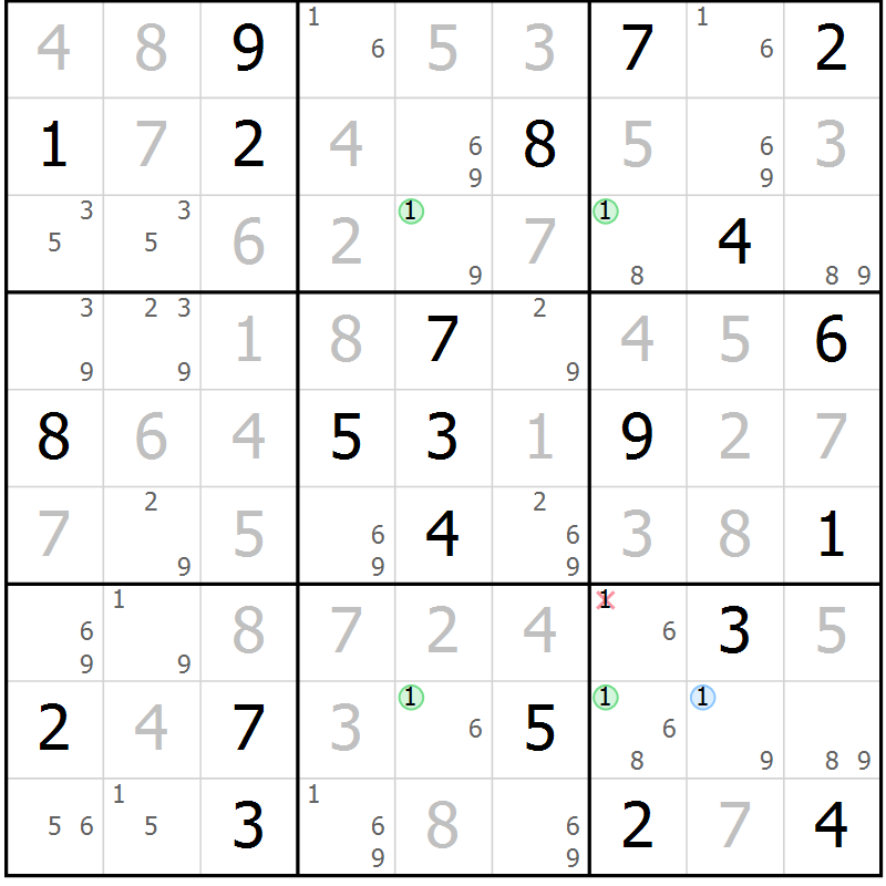 Position des candidats pour la solution de la Gr 101 page 104 du magazine de sudoku Giga sudoku niv 6-8 n° 024