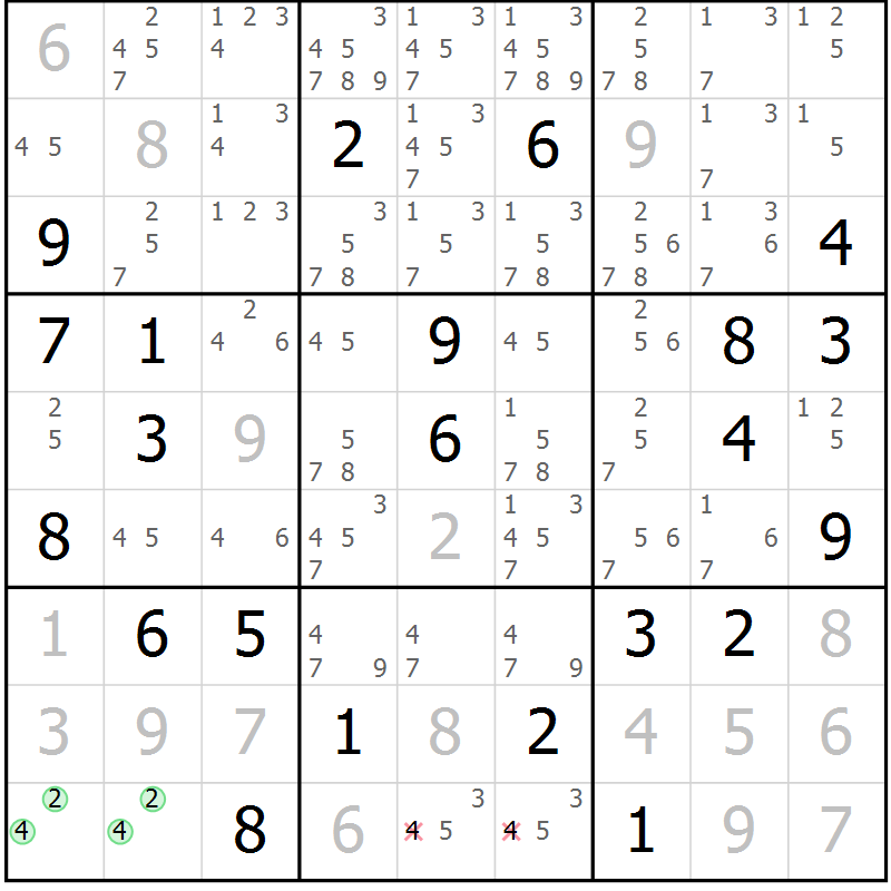 Position des candidats pour la solution de la Gr 102 page 105 du magazine de sudoku Giga sudoku niv 6-8 n° 024