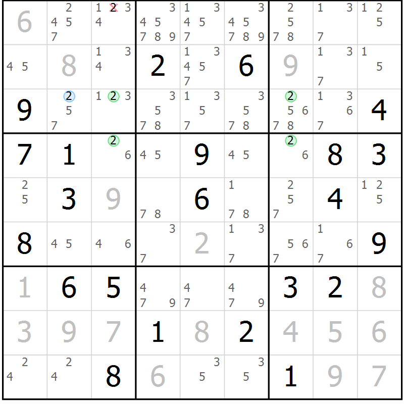 Position des candidats pour la solution de la Gr 102 page 105 du magazine de sudoku Giga sudoku niv 6-8 n° 024