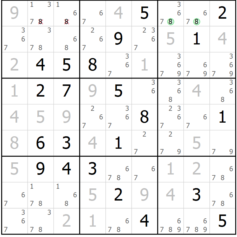 Position des candidats pour la solution de la Gr 103 page 106 du magazine de sudoku Giga sudoku niv 6-8 n° 024