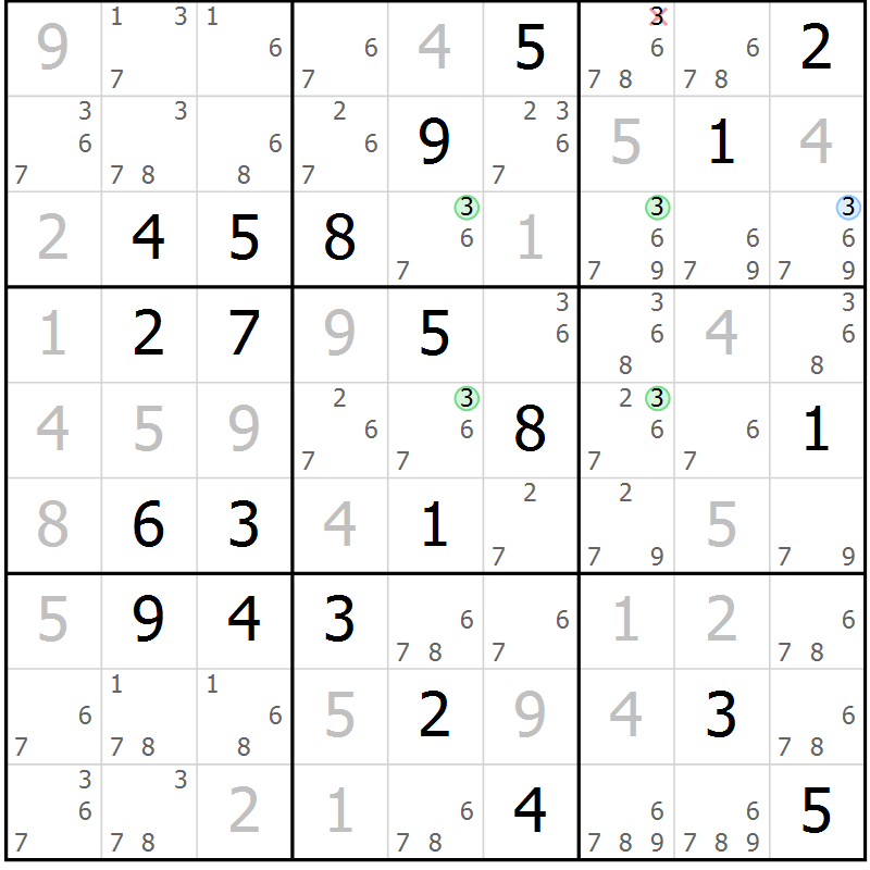 Position des candidats pour la solution de la Gr 103 page 106 du magazine de sudoku Giga sudoku niv 6-8 n° 024