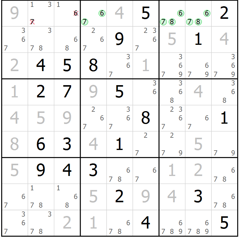 Position des candidats pour la solution de la Gr 103 page 106 du magazine de sudoku Giga sudoku niv 6-8 n° 024