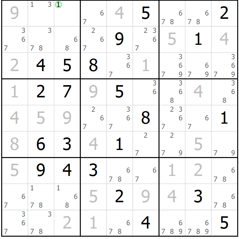 Position des candidats pour la solution de la Gr 103 page 106 du magazine de sudoku Giga sudoku niv 6-8 n° 024