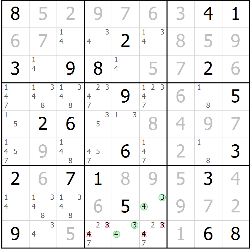 Position des candidats pour la solution de la Gr 104 page 107 du magazine de sudoku Giga sudoku niv 6-8 n° 024