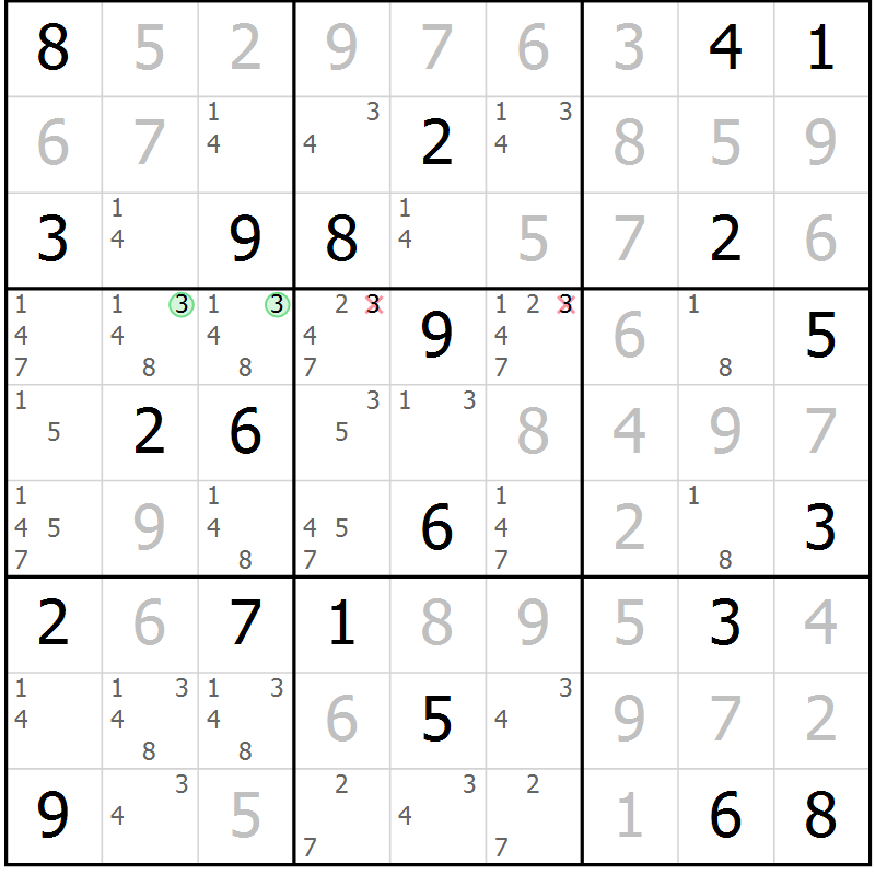 Position des candidats pour la solution de la Gr 104 page 107 du magazine de sudoku Giga sudoku niv 6-8 n° 024