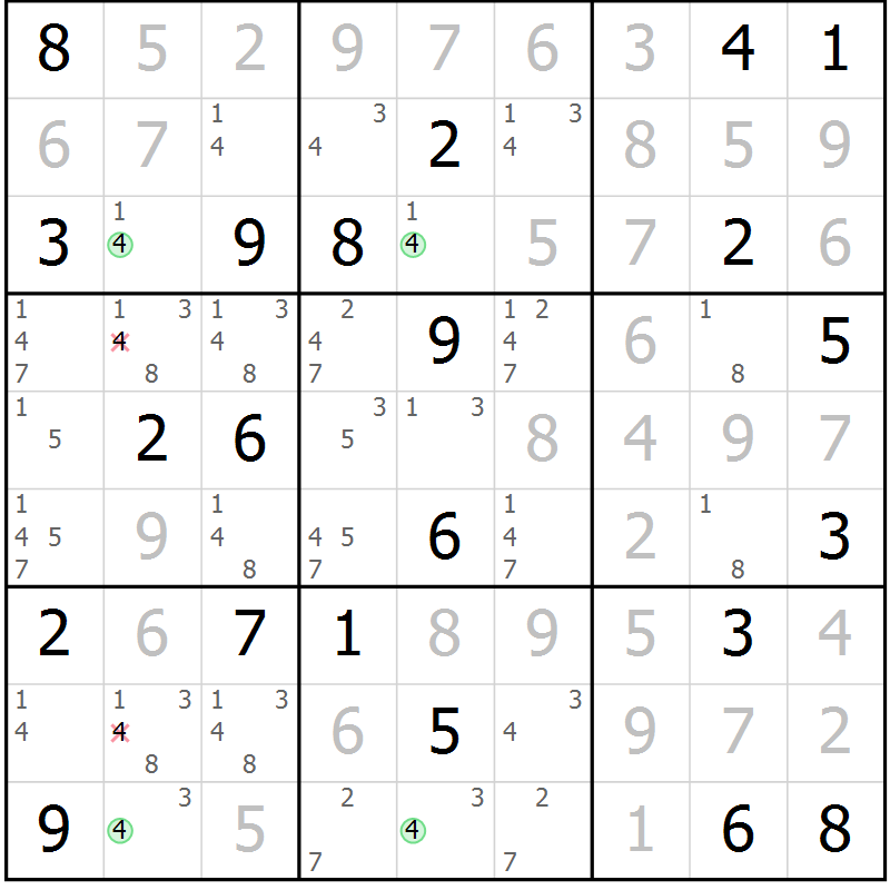 Position des candidats pour la solution de la Gr 104 page 107 du magazine de sudoku Giga sudoku niv 6-8 n° 024
