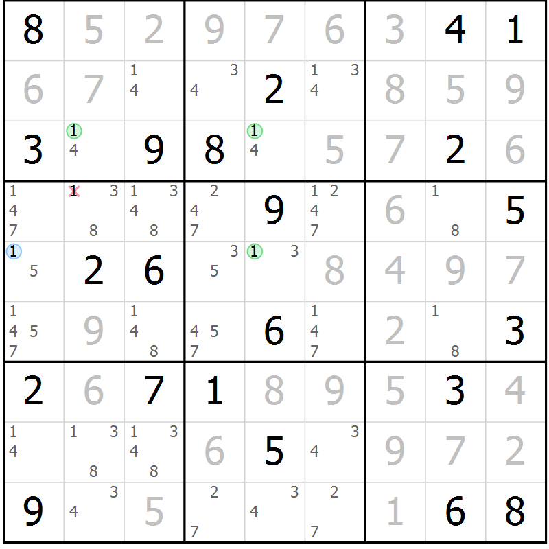 Position des candidats pour la solution de la Gr 104 page 107 du magazine de sudoku Giga sudoku niv 6-8 n° 024