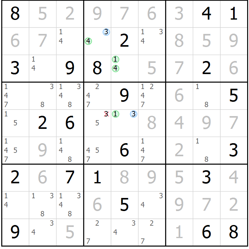 Position des candidats pour la solution de la Gr 104 page 107 du magazine de sudoku Giga sudoku niv 6-8 n° 024