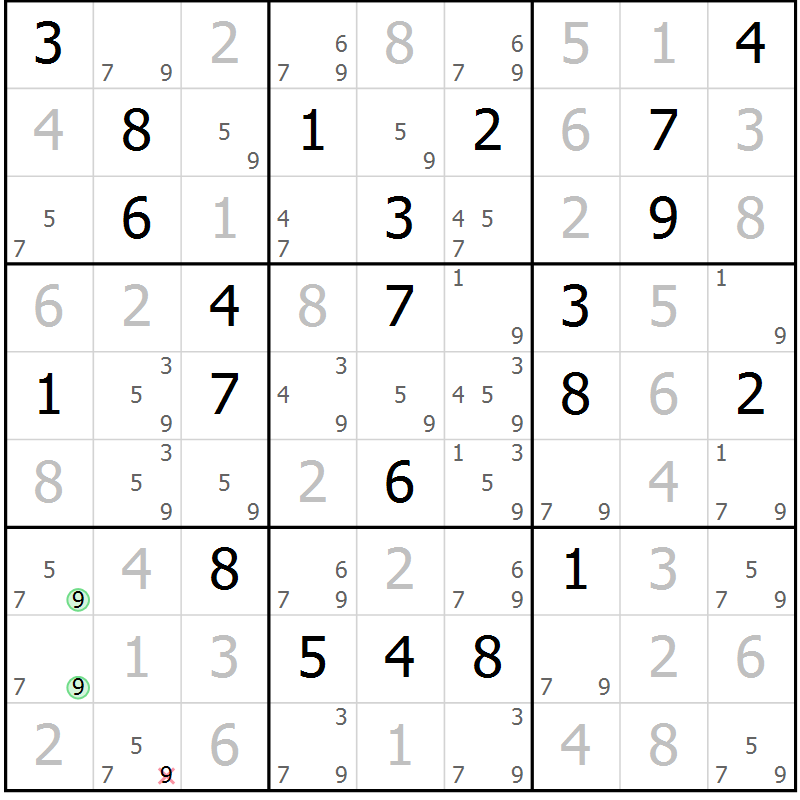 Position des candidats pour la solution de la Gr 105 page 108 du magazine de sudoku Giga sudoku niv 6-8 n° 024