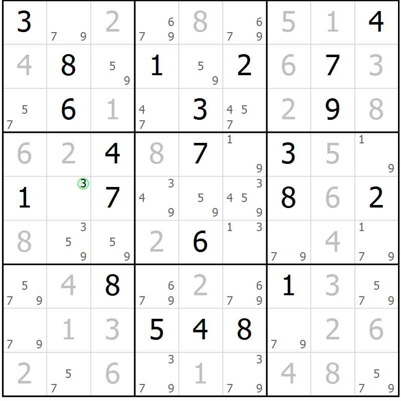Position des candidats pour la solution de la Gr 105 page 108 du magazine de sudoku Giga sudoku niv 6-8 n° 024