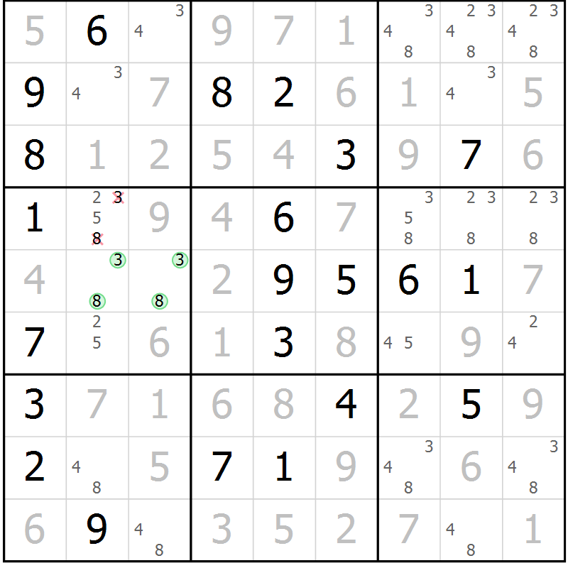 Position des candidats pour la solution de la Gr 106 page 109 du magazine de sudoku Giga sudoku niv 6-8 n° 024