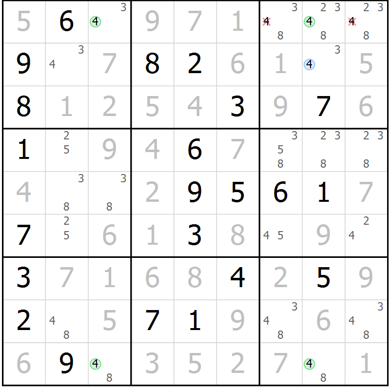 Position des candidats pour la solution de la Gr 106 page 109 du magazine de sudoku Giga sudoku niv 6-8 n° 024