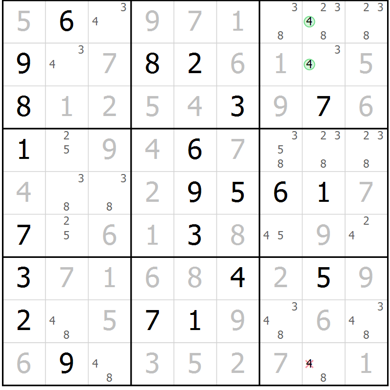 Position des candidats pour la solution de la Gr 106 page 109 du magazine de sudoku Giga sudoku niv 6-8 n° 024