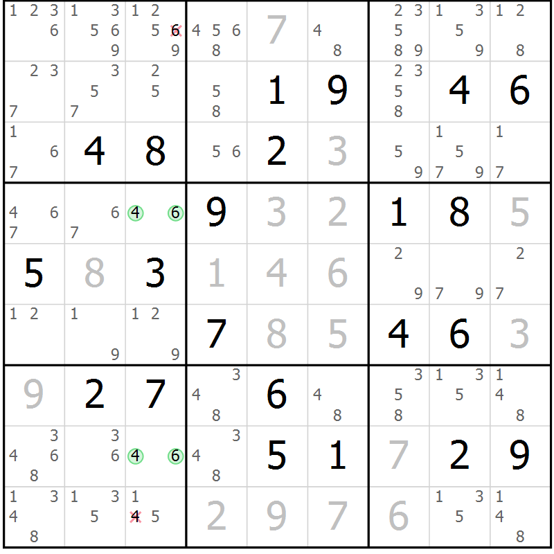 Position des candidats pour la solution de la Gr 107 page 110 du magazine de sudoku Giga sudoku niv 6-8 n° 024