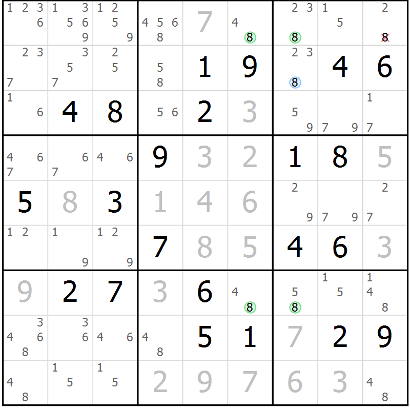 Position des candidats pour la solution de la Gr 107 page 110 du magazine de sudoku Giga sudoku niv 6-8 n° 024