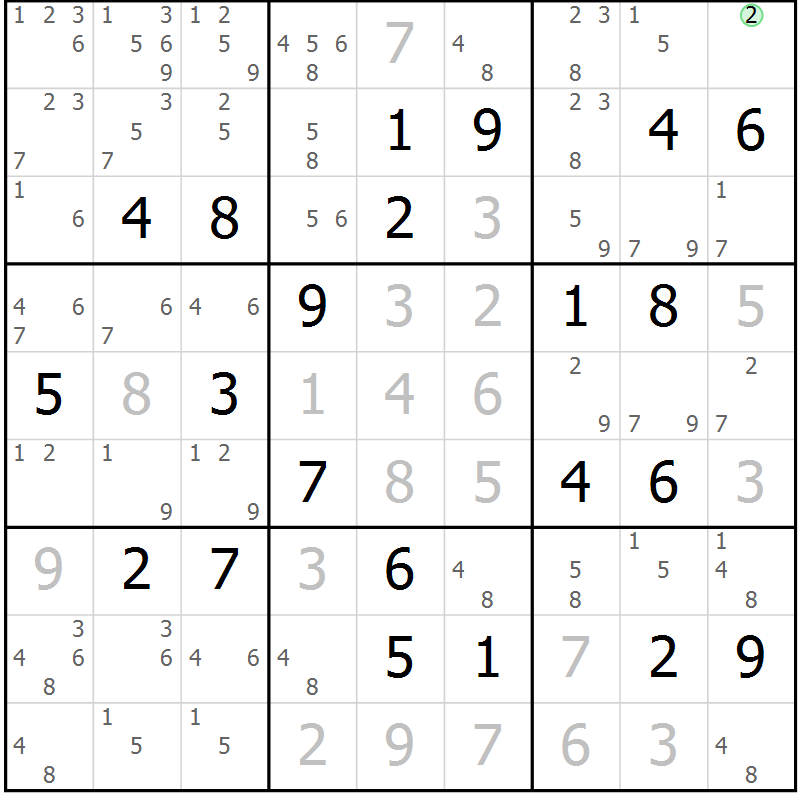 Position des candidats pour la solution de la Gr 107 page 110 du magazine de sudoku Giga sudoku niv 6-8 n° 024