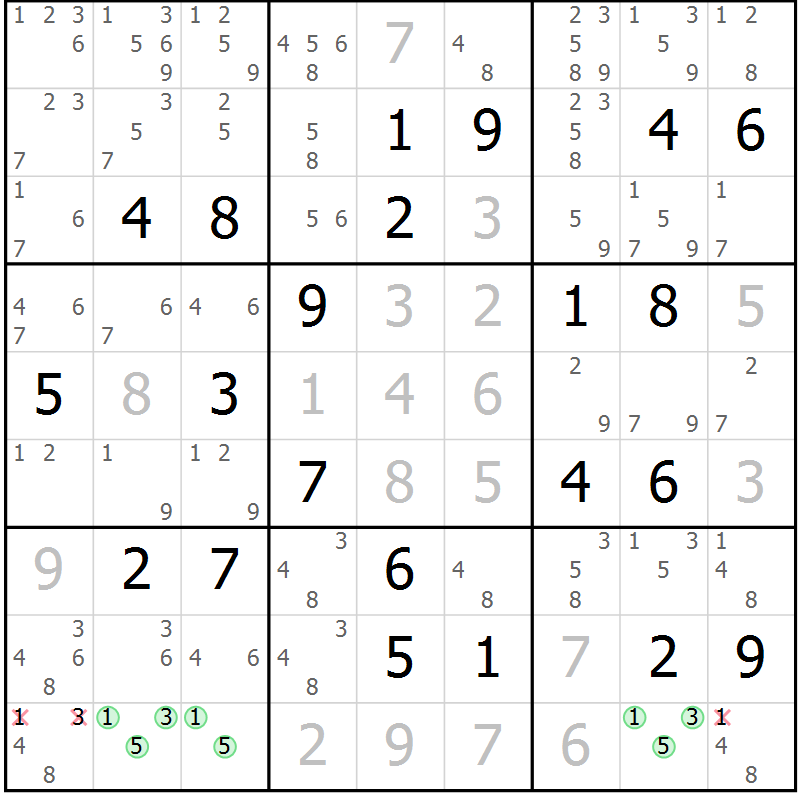 Position des candidats pour la solution de la Gr 107 page 110 du magazine de sudoku Giga sudoku niv 6-8 n° 024