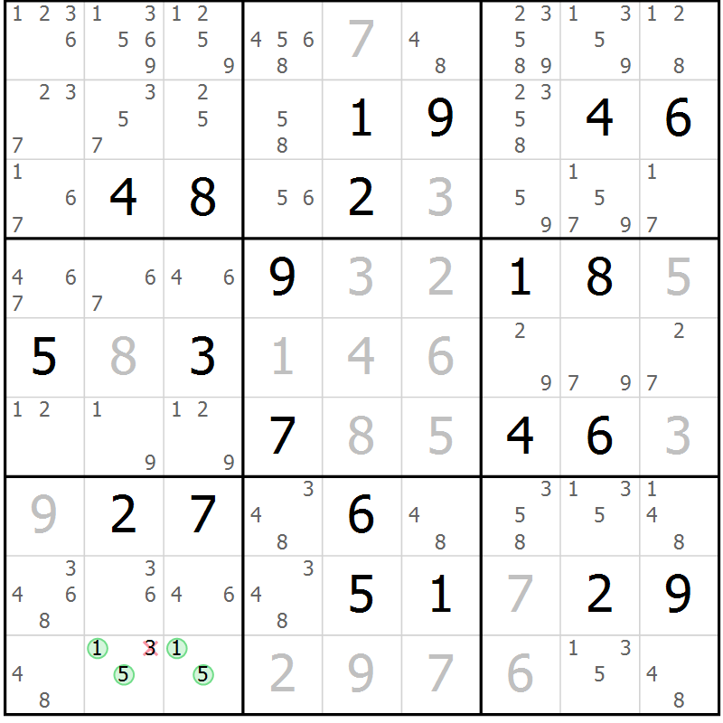 Position des candidats pour la solution de la Gr 107 page 110 du magazine de sudoku Giga sudoku niv 6-8 n° 024