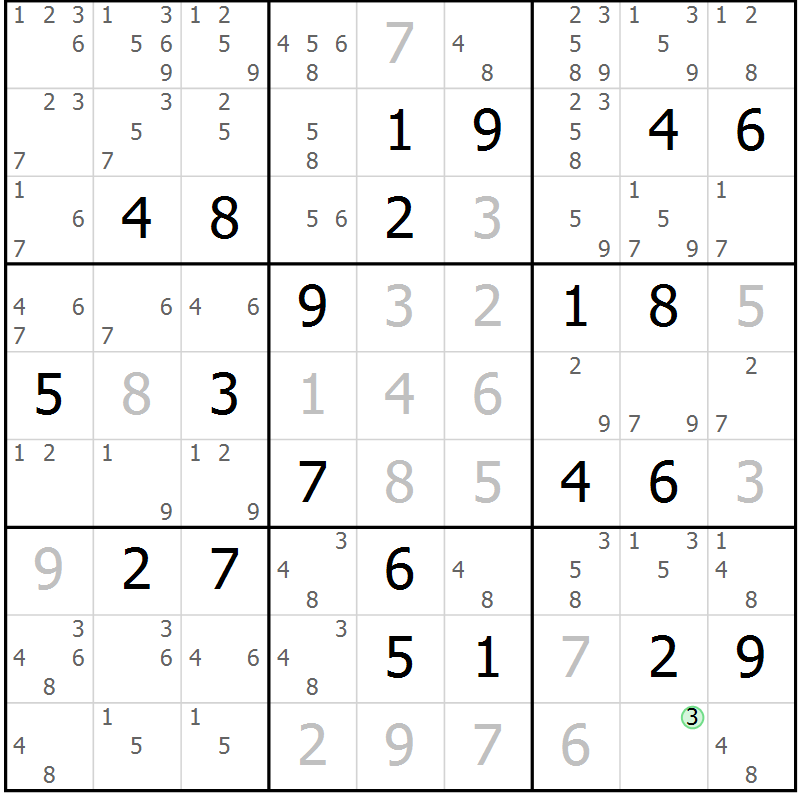 Position des candidats pour la solution de la Gr 107 page 110 du magazine de sudoku Giga sudoku niv 6-8 n° 024