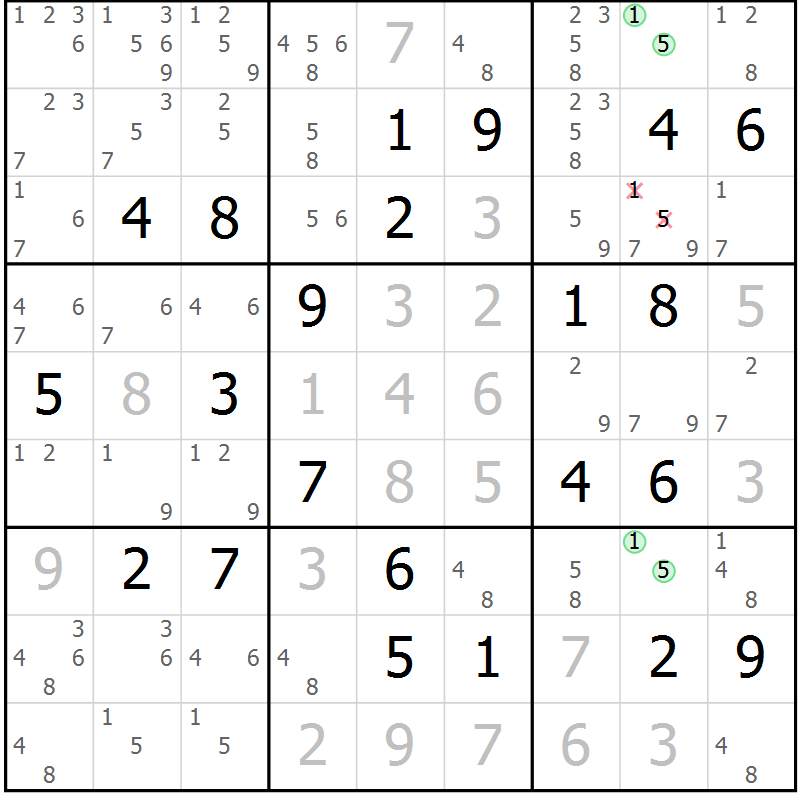 Position des candidats pour la solution de la Gr 107 page 110 du magazine de sudoku Giga sudoku niv 6-8 n° 024