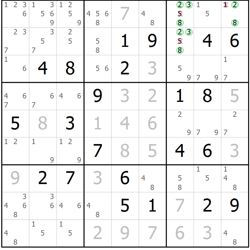 Position des candidats pour la solution de la Gr 107 page 110 du magazine de sudoku Giga sudoku niv 6-8 n° 024