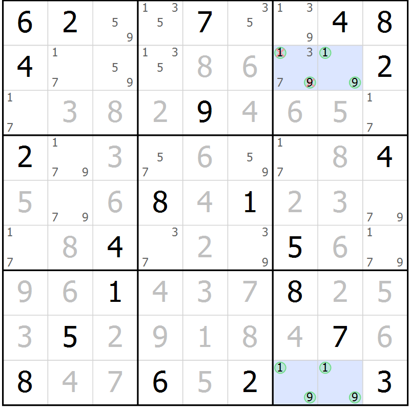 Position des candidats pour la solution de la Gr 108 page 111 du magazine de sudoku Giga sudoku niv 6-8 n° 024