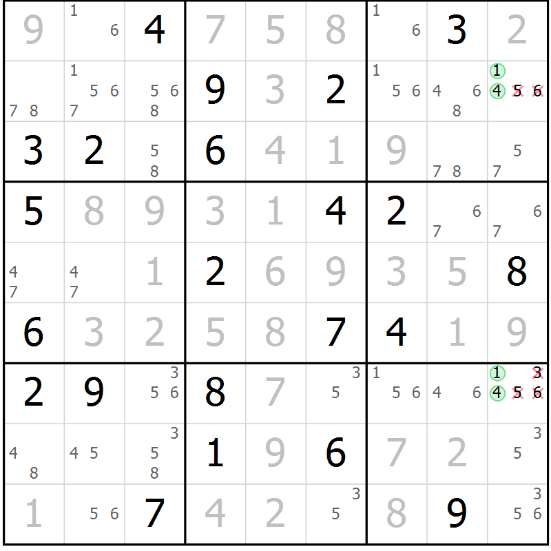Position des candidats pour la solution de la Gr 109 page 112 du magazine de sudoku Giga sudoku niv 6-8 n° 024