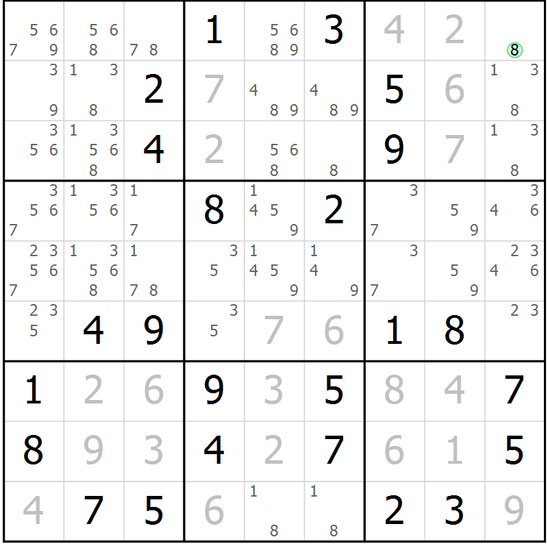 Position des candidats pour la solution de la Gr 11 page 14 du magazine de sudoku Giga sudoku niv 6-8 n° 024