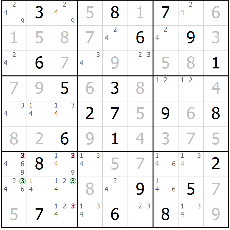 Position des candidats pour la solution de la Gr 110 page 113 du magazine de sudoku Giga sudoku niv 6-8 n° 024