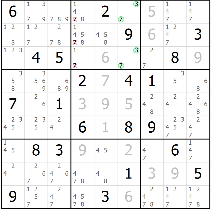 Position des candidats pour la solution de la Gr 111 page 114 du magazine de sudoku Giga sudoku niv 6-8 n° 024