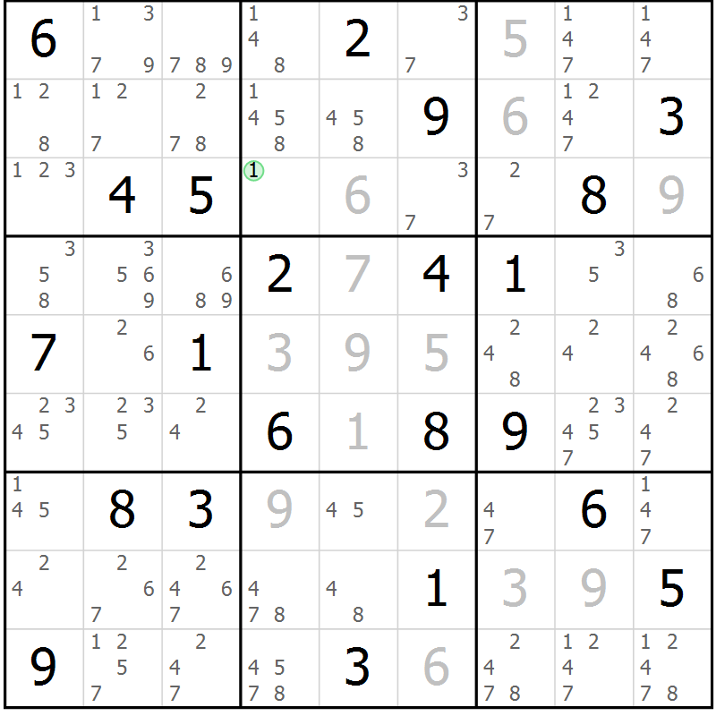 Position des candidats pour la solution de la Gr 111 page 114 du magazine de sudoku Giga sudoku niv 6-8 n° 024