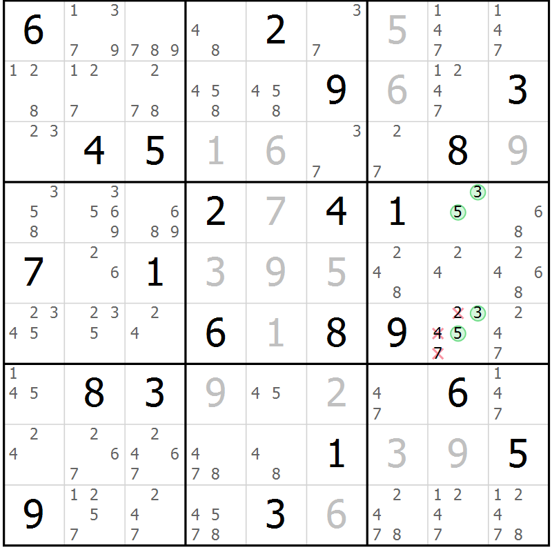 Position des candidats pour la solution de la Gr 111 page 114 du magazine de sudoku Giga sudoku niv 6-8 n° 024