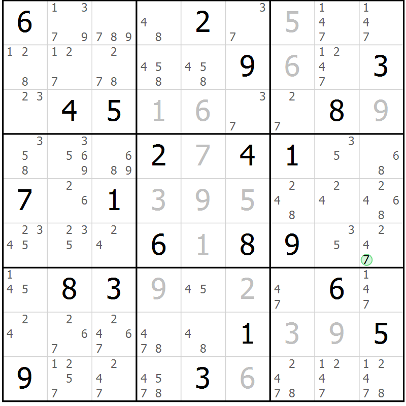 Position des candidats pour la solution de la Gr 111 page 114 du magazine de sudoku Giga sudoku niv 6-8 n° 024