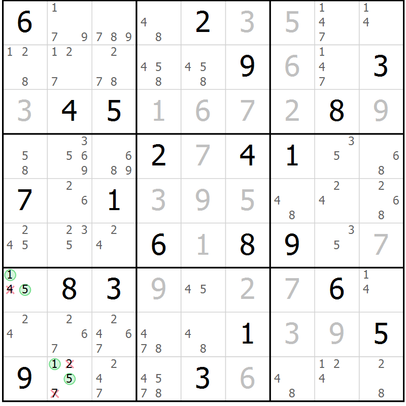 Position des candidats pour la solution de la Gr 111 page 114 du magazine de sudoku Giga sudoku niv 6-8 n° 024