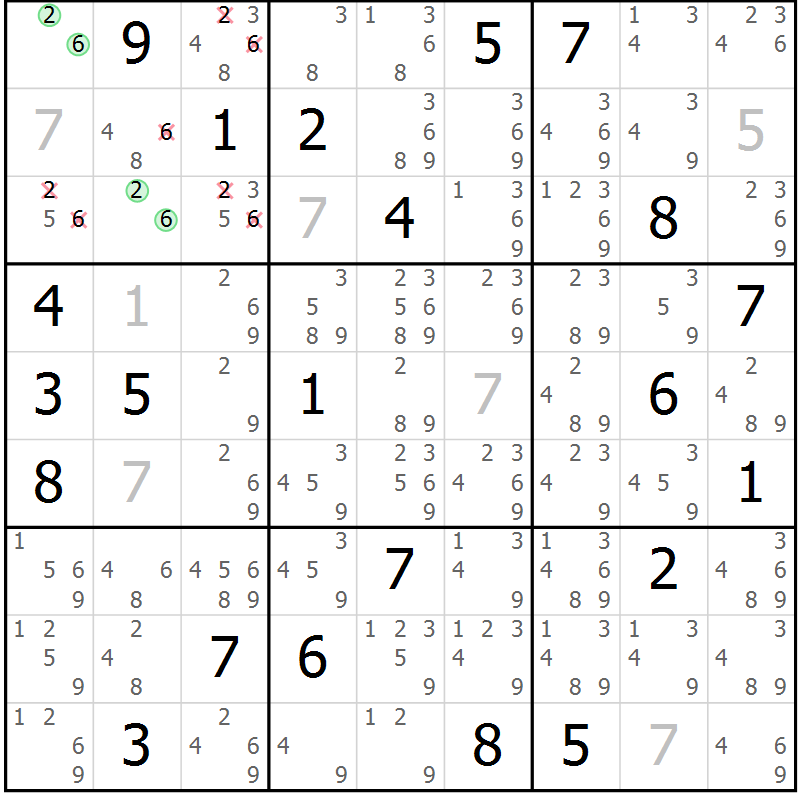 Position des candidats pour la solution de la Gr 113 page 116 du magazine de sudoku Giga sudoku niv 6-8 n° 024