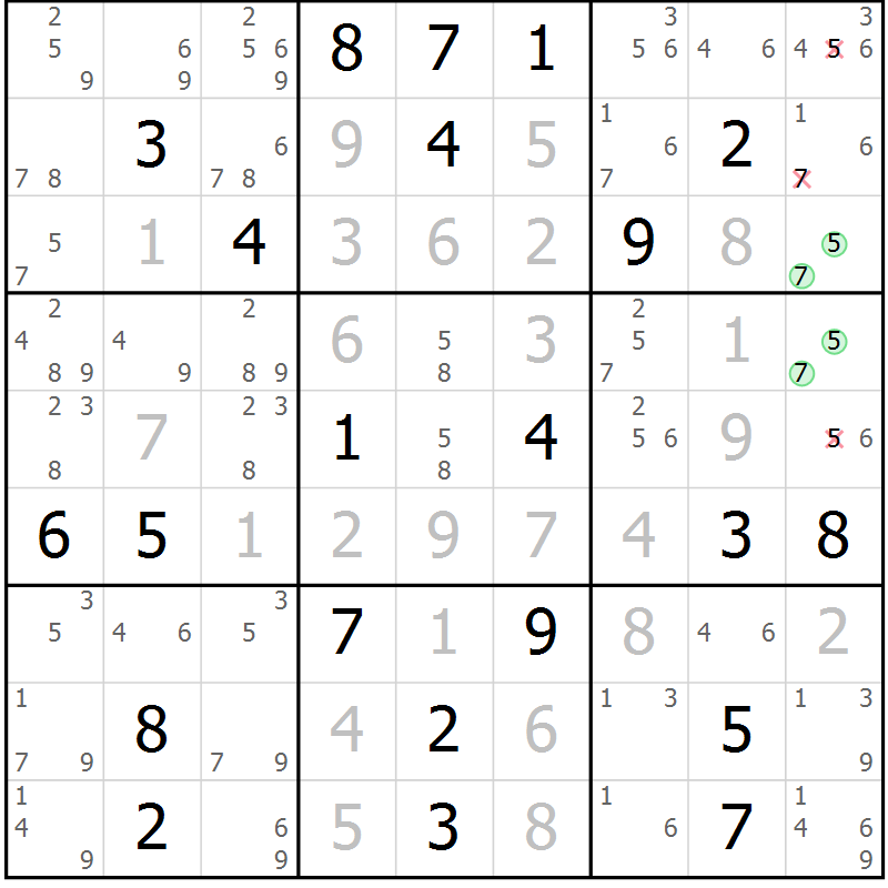 Position des candidats pour la solution de la Gr 115 page 118 du magazine de sudoku Giga sudoku niv 6-8 n° 024