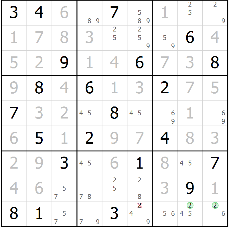 Position des candidats pour la solution de la Gr 116 page 119 du magazine de sudoku Giga sudoku niv 6-8 n° 024