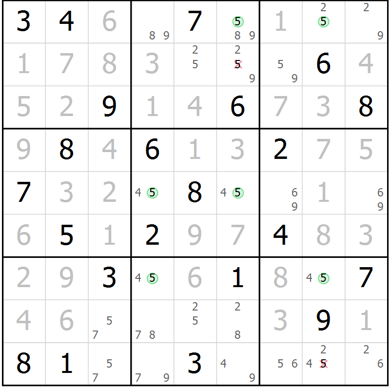 Position des candidats pour la solution de la Gr 116 page 119 du magazine de sudoku Giga sudoku niv 6-8 n° 024