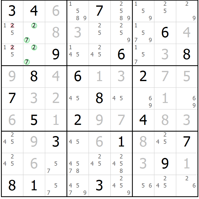 Position des candidats pour la solution de la Gr 116 page 119 du magazine de sudoku Giga sudoku niv 6-8 n° 024