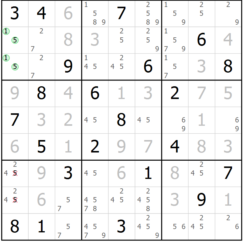 Position des candidats pour la solution de la Gr 116 page 119 du magazine de sudoku Giga sudoku niv 6-8 n° 024