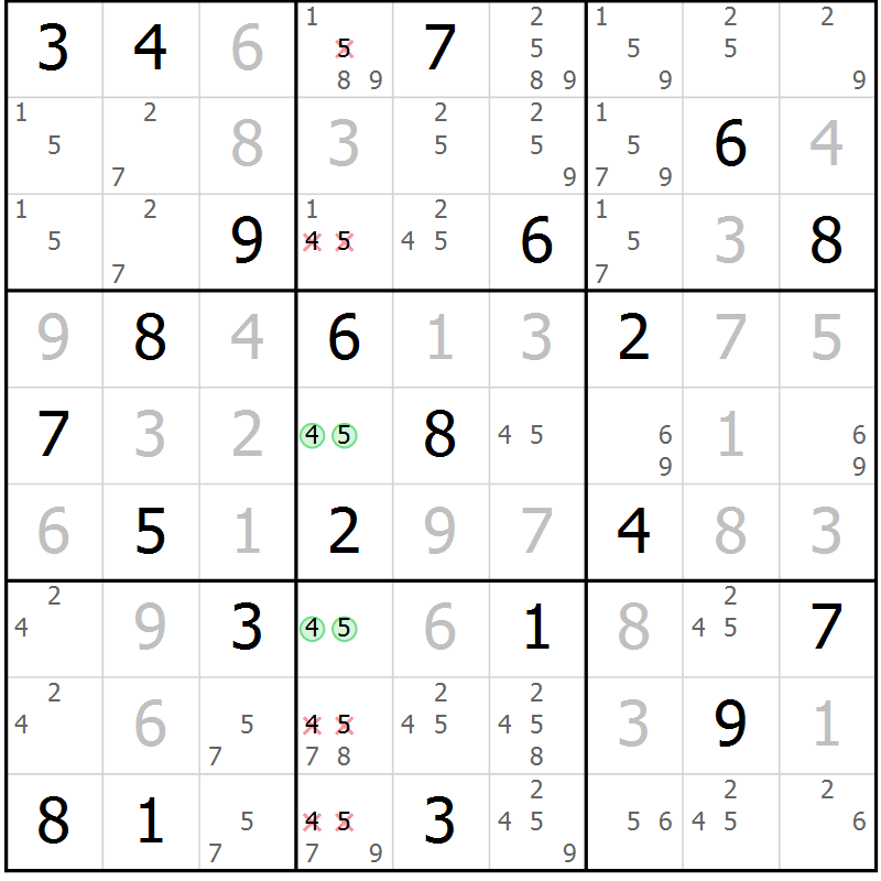 Position des candidats pour la solution de la Gr 116 page 119 du magazine de sudoku Giga sudoku niv 6-8 n° 024