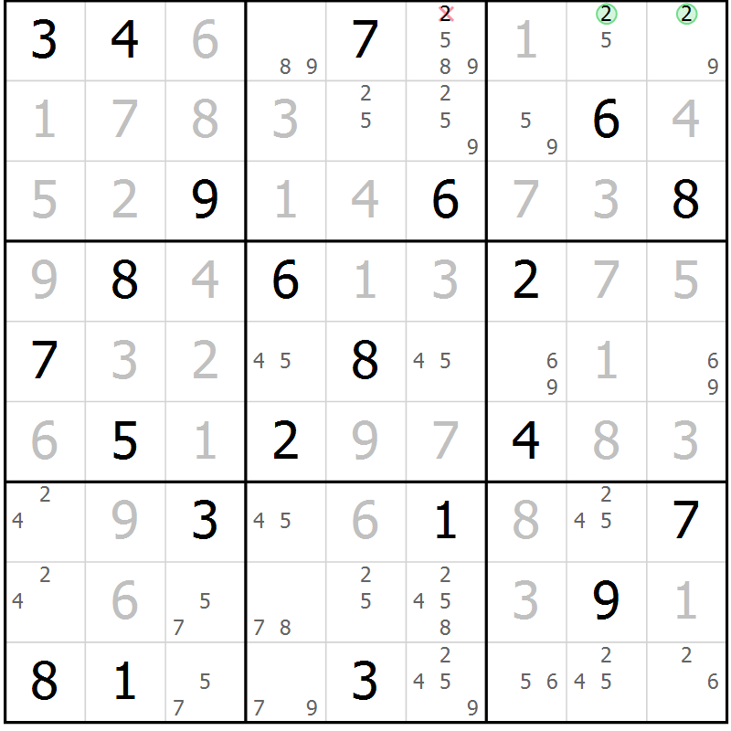 Position des candidats pour la solution de la Gr 116 page 119 du magazine de sudoku Giga sudoku niv 6-8 n° 024