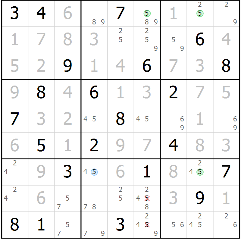 Position des candidats pour la solution de la Gr 116 page 119 du magazine de sudoku Giga sudoku niv 6-8 n° 024